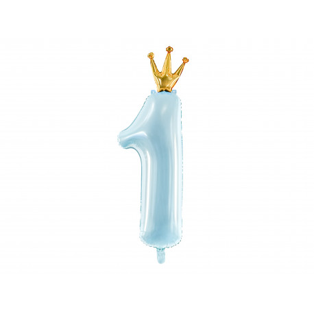 Balon folie cifra 1, 37x100cm, bleu ciel cu coroniță