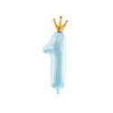 Balon folie cifra 1, 37x100cm, bleu ciel cu coroniță