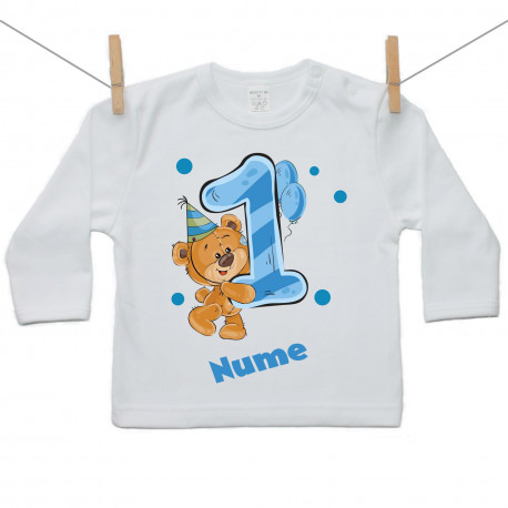 Tricou cu mânecă lungă Am 1 an cu ursuleț pentru băieței