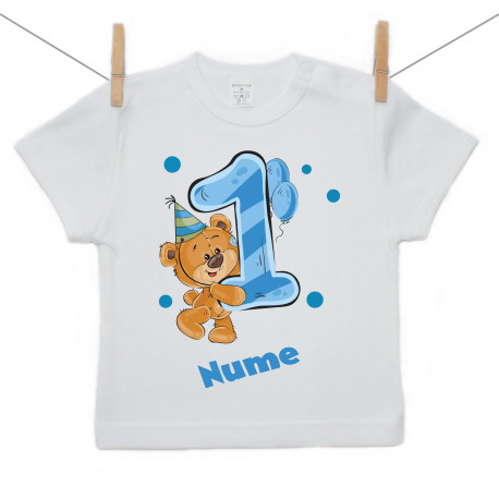Tricou cu mânecă scurtă Am 1 an cu ursuleț pentru băieței