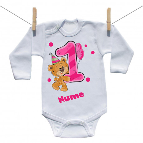 Body cu mânecă lungă Am 1 an cu ursuleț pentru fetițe