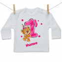 Tricou cu mânecă lungă Am 1 an cu ursuleț pentru fetițe