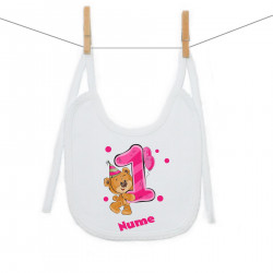 Bavetă cu șnur Am 1 an cu ursuleț pentru fetițe