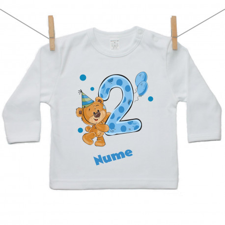 Tricou cu mânecă lungă Am 2 ani cu ursuleț pentru băieței