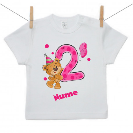 Tricou cu mânecă scurtă Am 2 ani cu ursuleț pentru fetițe