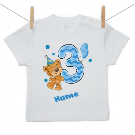 Tricou cu mânecă scurtă Am 3 ani cu ursuleț pentru băieței