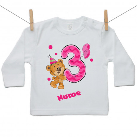 Tricou cu mânecă lungă Am 3 ani cu ursuleț pentru fetițe