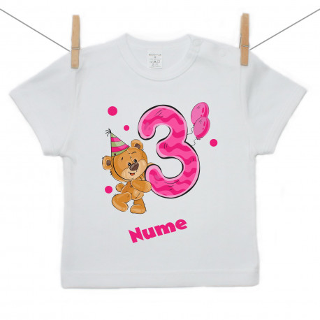 Tricou cu mânecă scurtă Am 3 ani cu ursuleț pentru fetițe