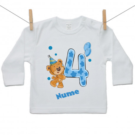 Tricou cu mânecă lungă Am 4 ani cu ursuleț pentru băieței