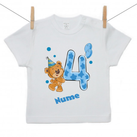 Tricou cu mânecă scurtă Am 4 ani cu ursuleț pentru băieței