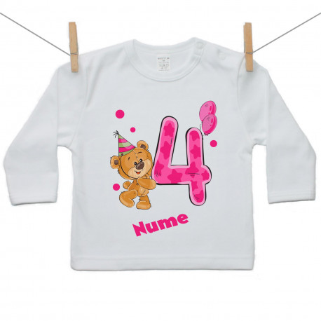Tricou cu mânecă lungă Am 4 ani cu ursuleț pentru fetițe