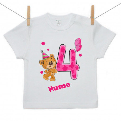 Tricou cu mânecă scurtă Am 4 ani cu ursuleț pentru fetițe