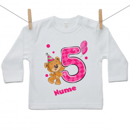 Tricou cu mânecă lungă Am 5 ani cu ursuleț pentru fetițe
