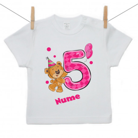 Tricou cu mânecă scurtă Am 5 ani cu ursuleț pentru fetițe