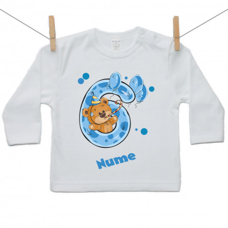 Tricou cu mânecă lungă Am 6 ani cu ursuleț pentru băieței