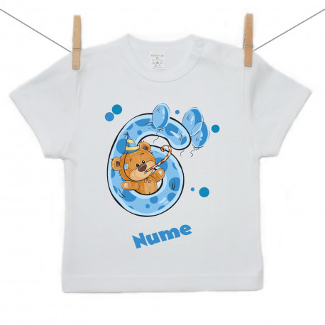 Tricou cu mânecă scurtă Am 6 ani cu ursuleț pentru băieței