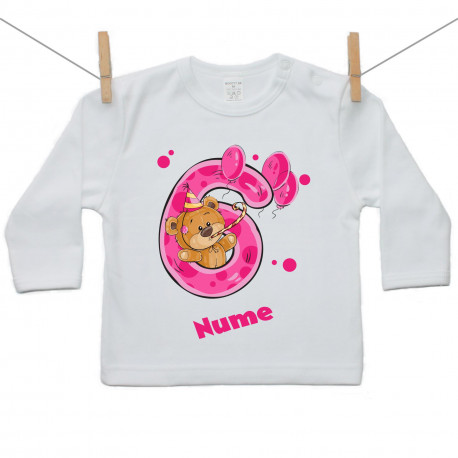 Tricou cu mânecă lungă Am 6 ani cu ursuleț pentru fetițe