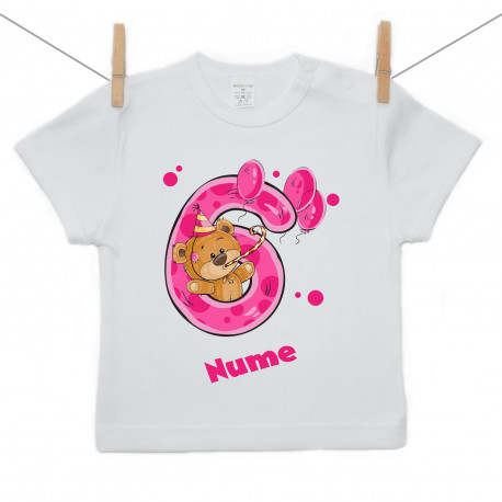 Tricou cu mânecă scurtă Am 6 ani cu ursuleț pentru fetițe