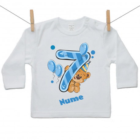 Tricou cu mânecă lungă Am 7 ani cu ursuleț pentru băieței