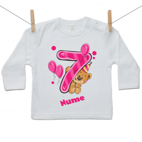 Tricou cu mânecă lungă Am 7 ani cu ursuleț pentru fetițe