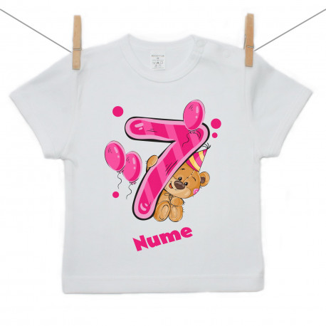 Tricou cu mânecă scurtă Am 7 ani cu ursuleț pentru fetițe