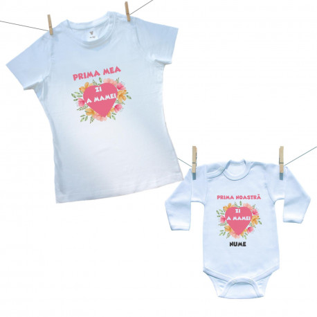 Set familie (body cu mânecă lungă) Prima noastră Zi a Mamei