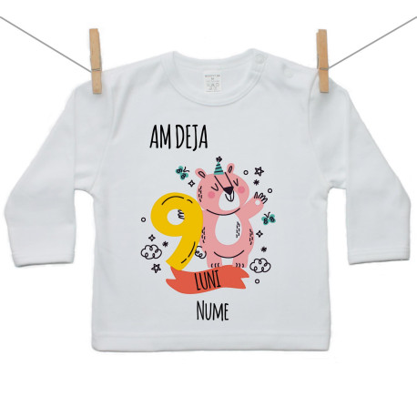 Tricou cu mânecă lungă Am deja 9 luni cu un animăluț Tricou cu mânecă lungă Am deja 9 luni cu un animăluț