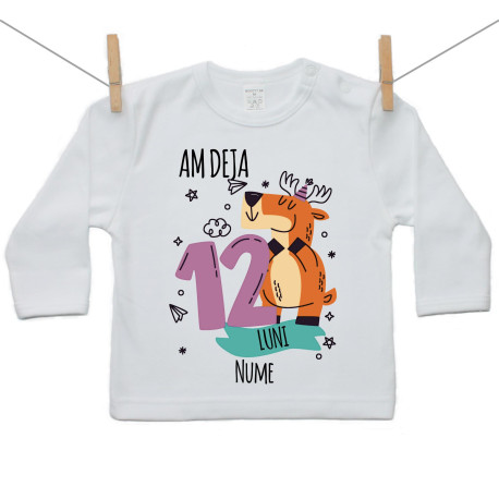 Tricou cu mânecă lungă Am deja 12 luni cu un animăluț Tricou cu mânecă lungă Am deja 12 luni cu un animăluț