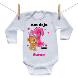 Body cu mânecă lungă Am deja 1 lună cu ursuleț și numele copilului Fetiță