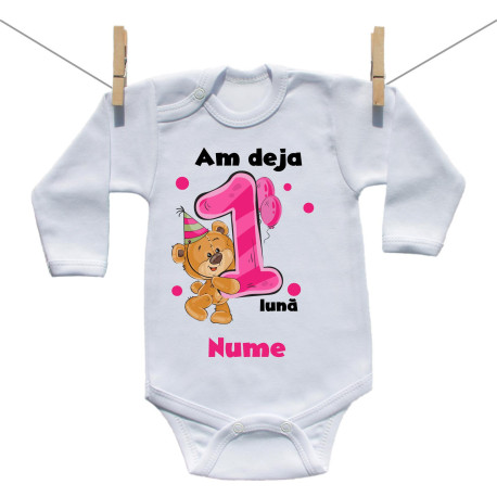 Body cu mânecă lungă Am deja 1 lună cu ursuleț și numele copilului Fetiță Body cu mânecă lungă Am deja 1 lună cu ursuleț și numele copilului Fetiță