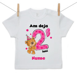 Tricou cu mânecă scurtă Am deja 2 luni cu ursuleț și numele copilului Fetiță