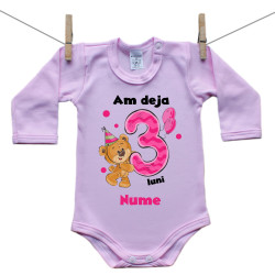 Body roz cu mânecă lungă Am deja 3 luni cu ursuleț și nume copil Fetiță