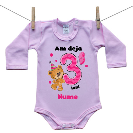 Body roz cu mânecă lungă Am deja 3 luni cu ursuleț și nume copil Fetiță