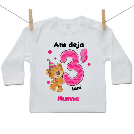 Tricou cu mânecă lungă Am deja 3 luni cu ursuleț și nume copil Fetiță