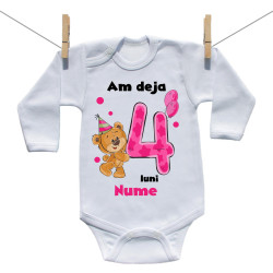 Body cu mânecă lungă Am deja 4 luni cu ursuleț și numele bebelușului Fetiță