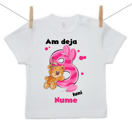 Tricou cu mânecă scurtă Am deja 8 luni cu ursuleț și numele copilului Fetiță