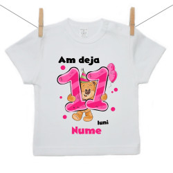Tricou cu mânecă scurtă Am deja 11 luni cu ursuleț și numele copilului fetiță