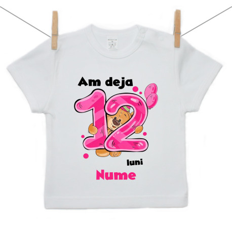 Tricou cu mânecă scurtă Am deja 12 luni cu Ursuleț și numele copilului Fetiță Tricou cu mânecă scurtă Am deja 12 luni cu Ursuleț și numele copilului Fetiță