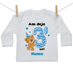 Tricou cu mânecă lungă Am deja 3 luni cu Ursuleț și numele copilului Băiat