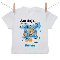 Tricou cu mânecă scurtă Am deja 11 luni cu Ursuleț și numele copilului Băiat