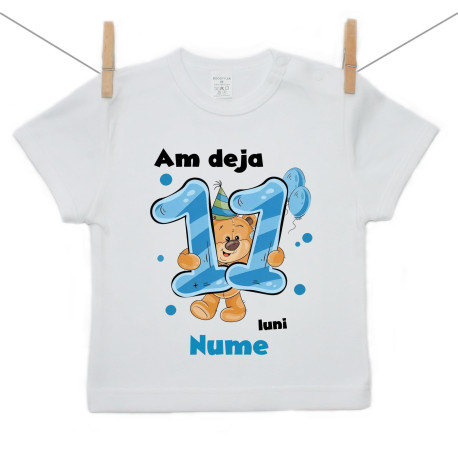 Tricou cu mânecă scurtă Am deja 11 luni cu Ursuleț și numele copilului Băiat Tricou cu mânecă scurtă Am deja 11 luni cu Ursuleț și numele copilului Băiat